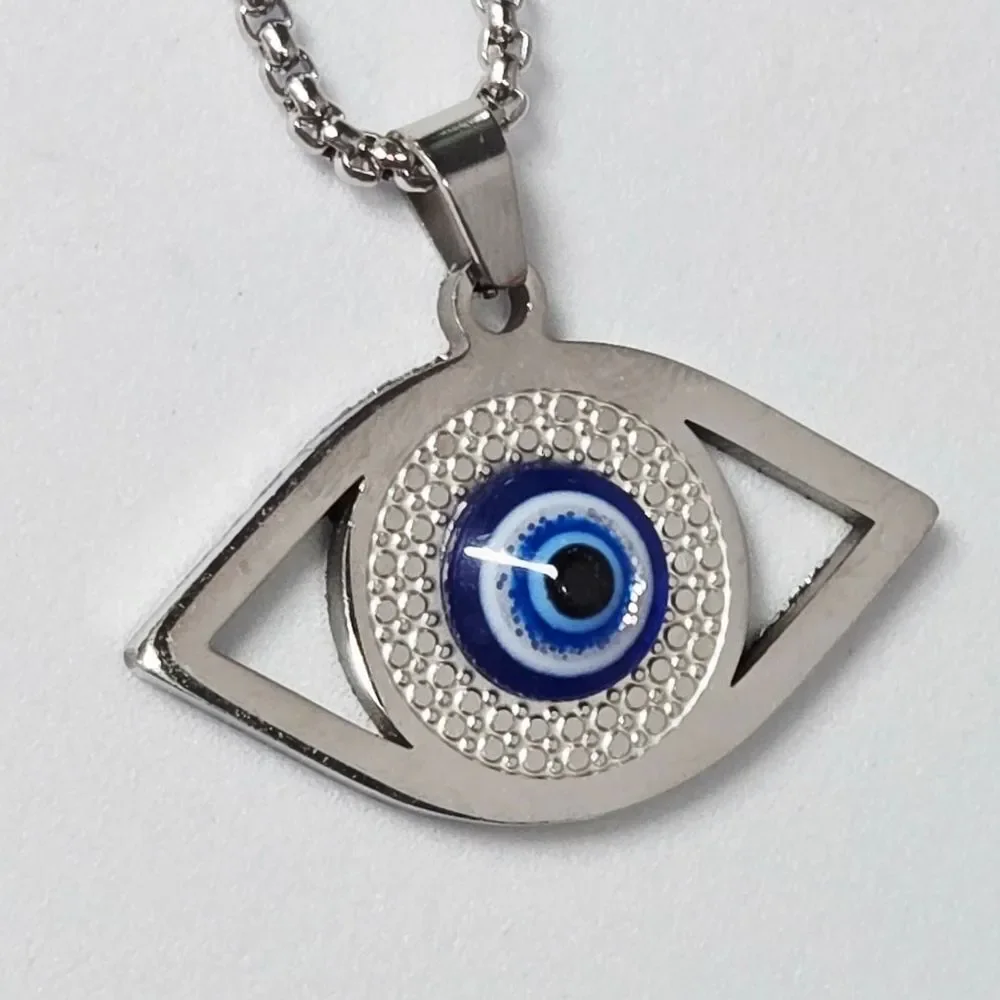 Hamsa Blue Evil Eye Pendant Necklace 24” Silver Stainless Steel Turkish Nazar